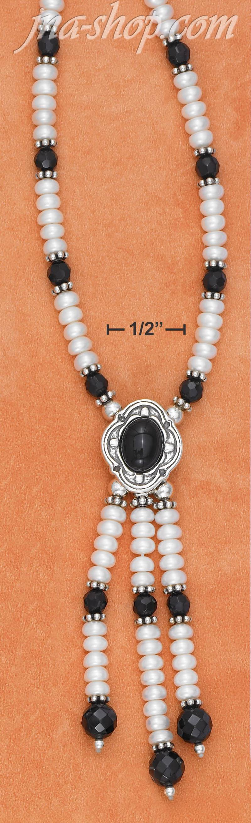 Sterling Silver 16-18" ADJ ONYX & PEARL NECKLACE W/ CABOCHON PEN - Click Image to Close